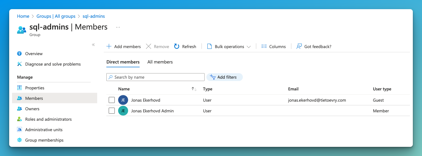 Adding my Entra account to the SQL Admins group