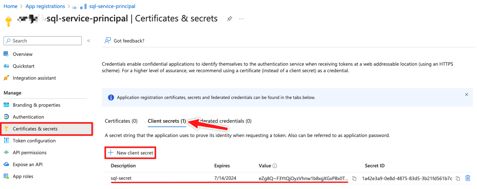 Creating the Service principal client secret