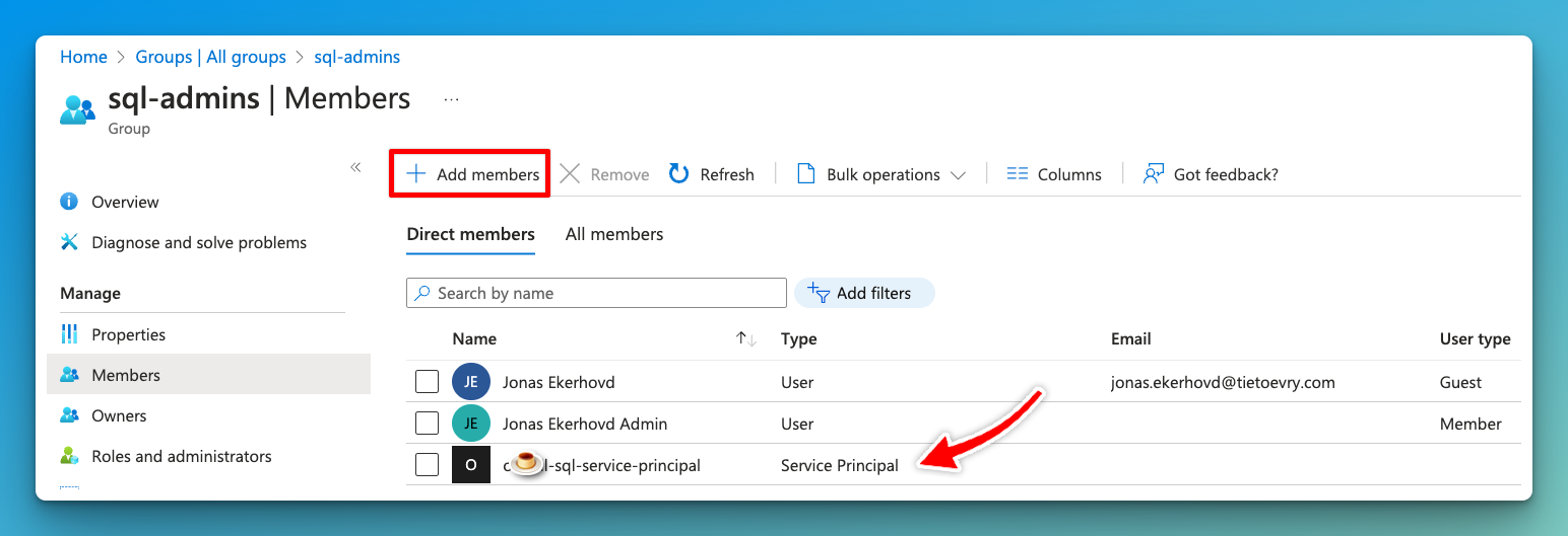 Adding the Service Principal to the Entra ID Group
