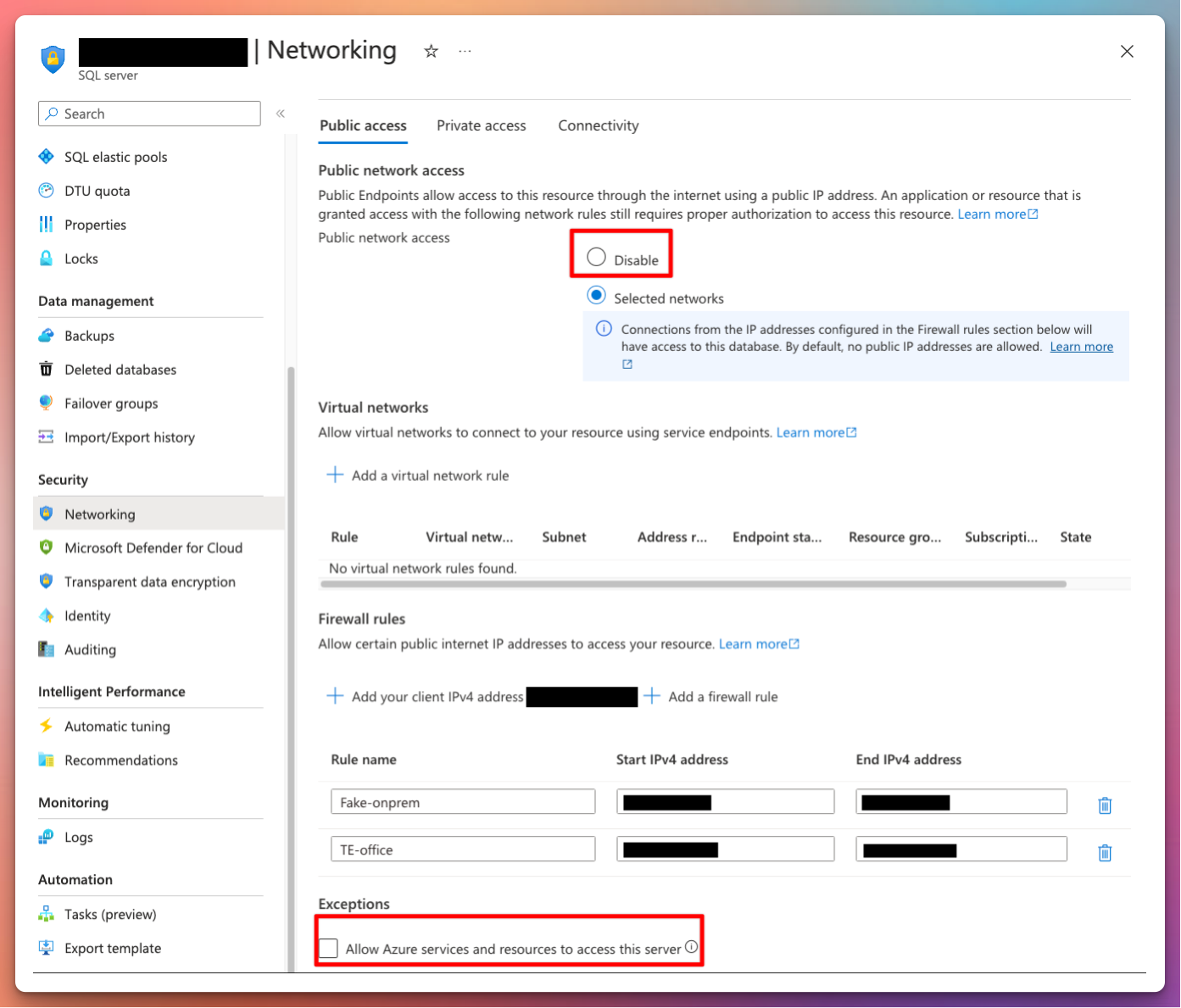 Disallow azure services to access this server