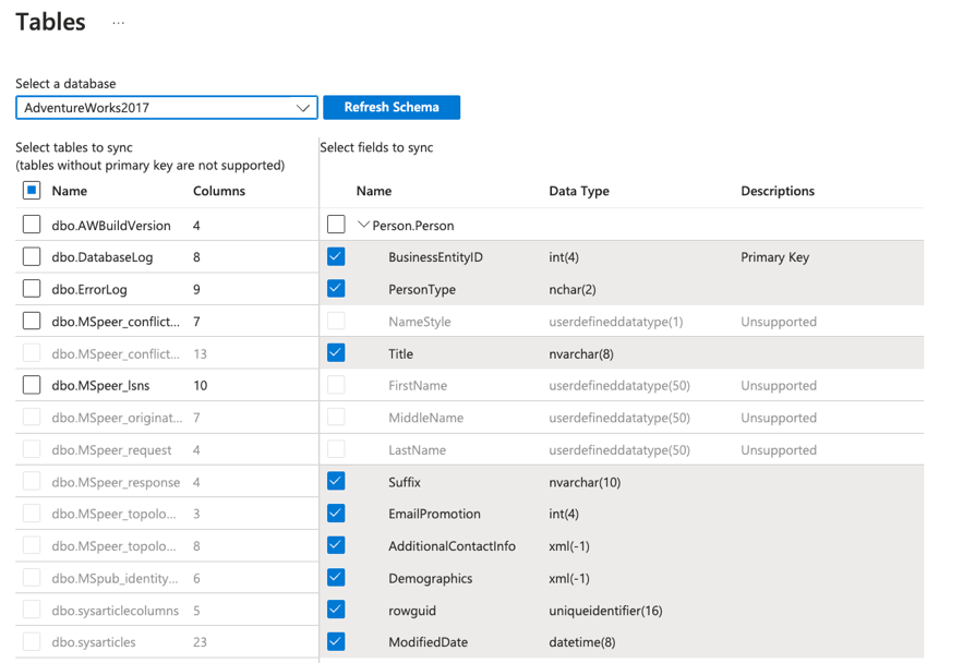 Select which tables to sync